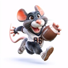 Playful Cartoon Rat Playing American Football in Exciting 3D Clipart Style on White Background