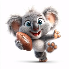 Cheerful 3D Cartoon Koala Playing American Football on White Background