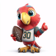 Cheerful Cartoon Parrot Mascot Playing American Football in Playful Pose on White Background