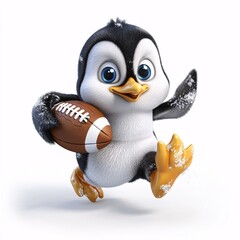 Cheerful Cartoon Penguin Playing American Football in 3D Style on White Background