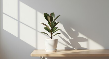 Elegant rubber plant thrives in sunlit minimalist interior