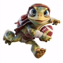Cute 3D Cartoon Turtle Playing American Football in Action Pose on White Background