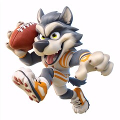 Cartoon Wolf Playing American Football in 3D Style Clipart Design on White Background
