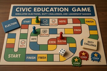A captivating board game focused on civic education, designed to simulate elections, challenges, and leadership badges. 
