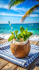 Obraz premium Refreshing coconut cocktail with mint on a tropical beach during summer