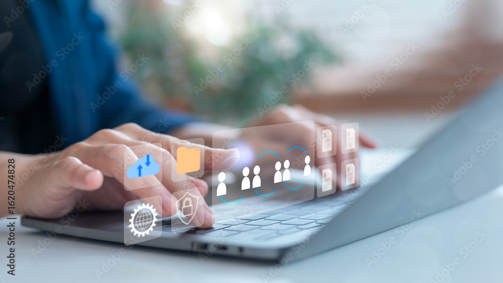 Poster hands typing on a laptop with cloud computing, file sharing, and team collaboration icons, represent