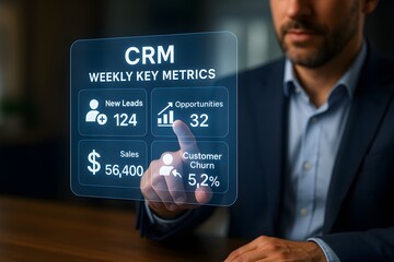 A businessman interacting with a futuristic digital CRM interface, focusing on weekly key metrics. 