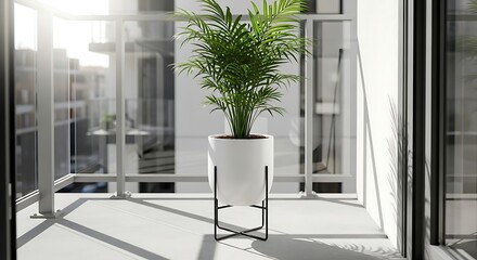 Lush Areca palm plant on a modern balcony with sunlight and shadows