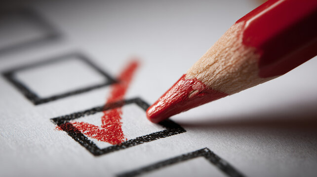 Macro view of a red pencil marking a checkbox, embodying decisive approval and personal accountability in quality assurance, examinations and democratic choice.
