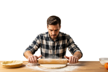 Man rolling out dough with a wooden rolling pin on a floured table