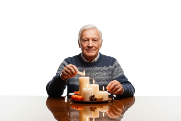 Senior man lighting white candles on a festive autumn table decoration