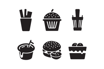 Collection of fast food icons including fries burger drink and cake