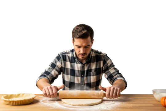 Man rolling out dough with a wooden rolling pin on a floured table