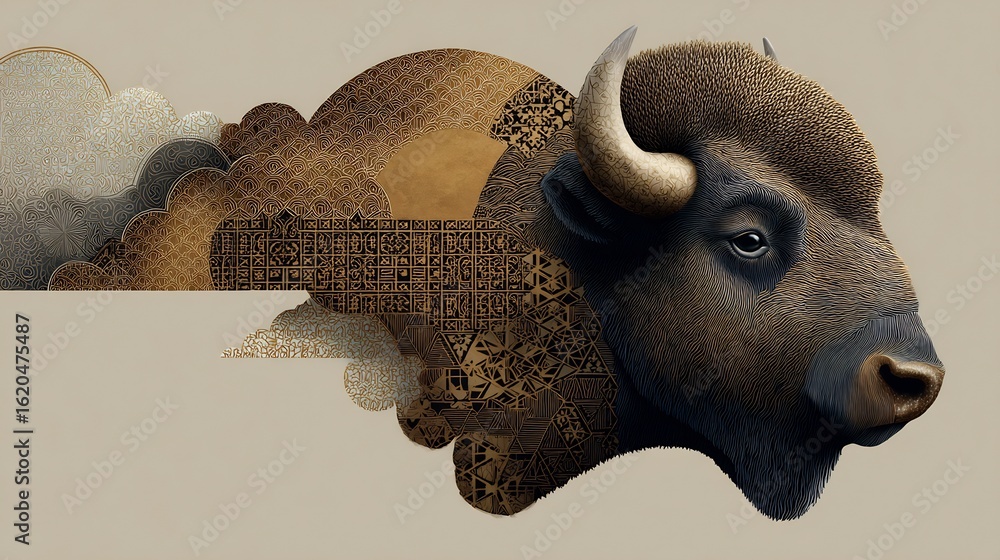 Poster majestic bison portrait with intricate pattern overlays creating a unique artwork