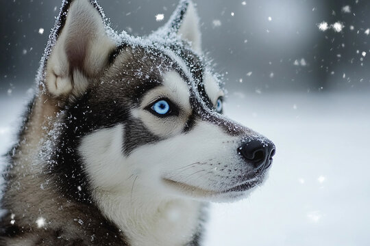 Close-up of Siberian husky dog with blue eyes and snowy fur outdoors in winter forest setting, generative ai image