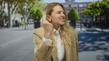 Woman gesturing outdoors on a sunny city street, expressing emotion with her fist in front of a...