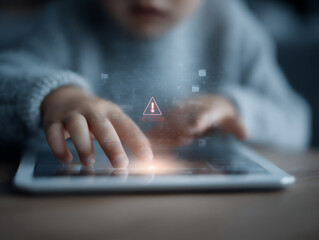 A small child using a tablet triggers a digital warning sign, representing online safety issues and the need for parental control. Generated by AI
