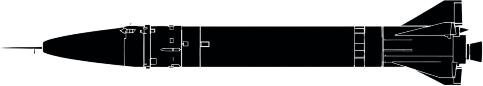 Black Silhouette of LGM-30G Minuteman III Missile &ndash; Flat Vector Graphic of U.S. ICBM in Side Profile

