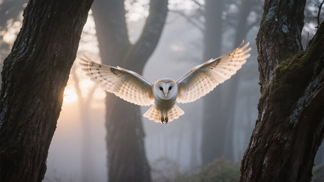 Barn owl glides gracefully between two forest trees at sunrise, fog drifting in the background.