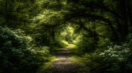 Fototapeta premium Sunlit path through a dense forest.