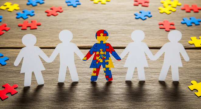 Autism awareness with colorful puzzle pieces and paper people