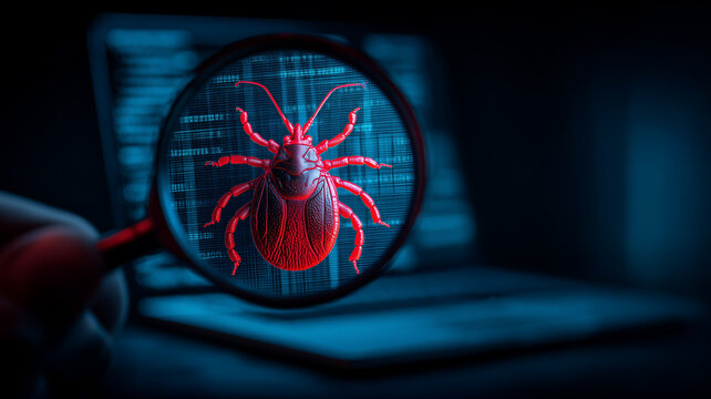 Magnifying glass zooms on a red cyber bug crawling over laptop code, depicting proactive malware detection and the forensic hunt for software vulnerabilities.
