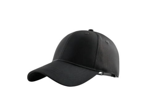 Black baseball cap with curved brim and stitched details headwear accessory, Isolated, Png Transparent Background