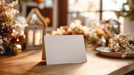 Blank card on table with blurred festive background
