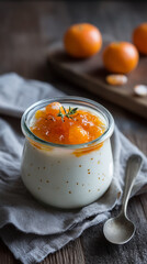 Panna cotta and yogurt desserts topped with fresh  tangerines . For social media, food content creators, or wellness brands. Ideal for sharing clean eating, health trends, or summer recipes.