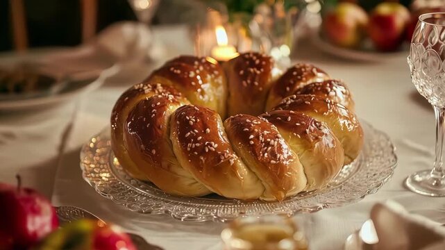 Traditional round challah bread on a festive table for Rosh Hashanah. Jewish holiday dinner with apples and candlelight.