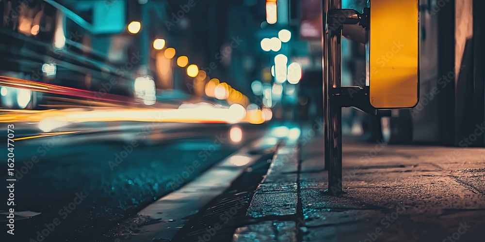 Poster nighttime urban scene with light trails and bokeh effect from a traffic signal on a busy street