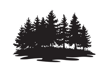 Dark silhouette of a dense pine forest with grassy ground