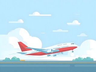 Fototapeta premium Aviation Day. Flat vector illustration of commercial airplane taking off from runway – modern travel concept. AI-generated image.
