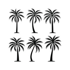 Set of six stylized black and white palm trees with textured trunks and fronds