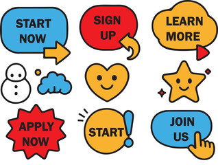 "Colorful Call-to-Action Buttons Set with Arrows, Stars, and Smiley Faces"