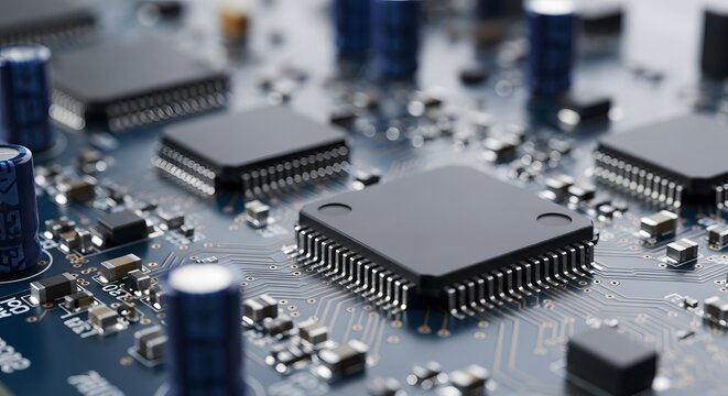 Detailed macro view of a computer printed circuit board with microchips and electronic components, illustrating modern technology