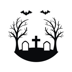 Spooky halloween cemetery scene with bare trees and bats