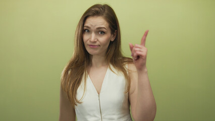 Woman points finger to temple in a green studio while wearing a white sleeveless top and tilting...