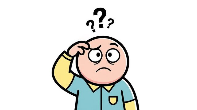 Cartoon illustration of a confused person scratching their head with question marks floating above.