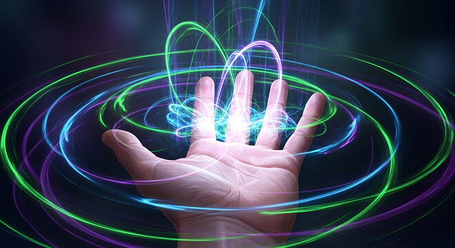 Hand Reaching Out With Energy Waves Futuristic Abstract Background