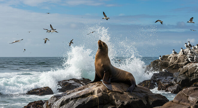 Sea lion basking on coastal rocks with ocean waves crashing behind and seabirds flying above.