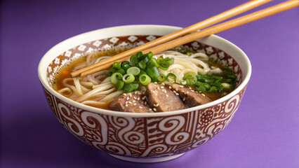 Appetizing ramen noodles with meat and vegetables, presented in a stylish bowl with chopsticks.