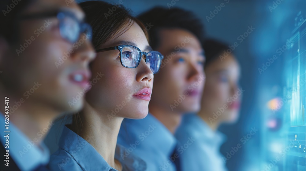 Poster vision of the future: a dynamic and diverse team of forward-thinking individuals gazes intently, ill
