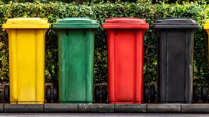Naklejka premium Row of colorful recycling bins along a curb.