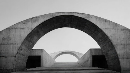 Striking minimalist concrete architecture featuring repetitive arches and a grand stairway, creating a powerful, abstract, and modern aesthetic in black and white.
