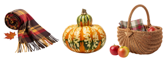Plaid scarf with maple leaf, decorative gourd, and a wicker picnic basket with apples