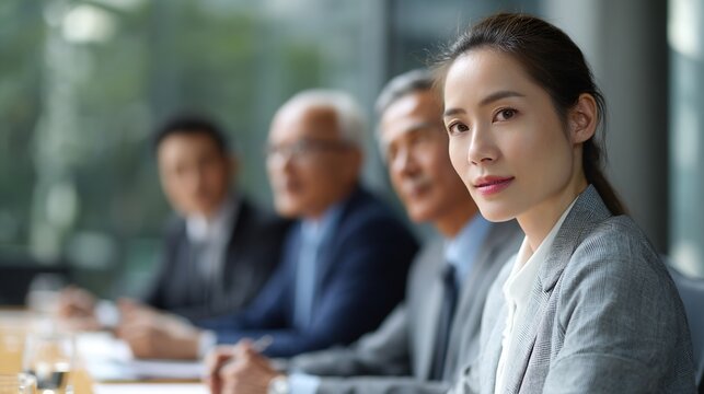 Corporate Collective: A focused and confident businesswoman leads a meeting of diverse team members, surrounded by an environment of polished professionalism.