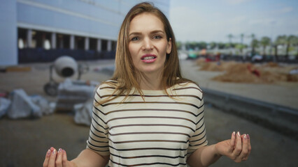 Woman clearly grimaces with pursed lips and lifts hand near chest in front of building structure;...