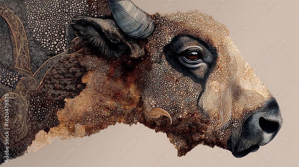 Poster intricate bovine portrait showcasing an elaborate blend of textures and patterns