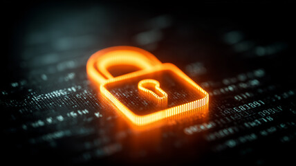 Neon orange padlock glowing atop scrolling code embodies powerful encryption and data privacy, illustrating advanced cybersecurity that safeguards information and nurtures user trust 